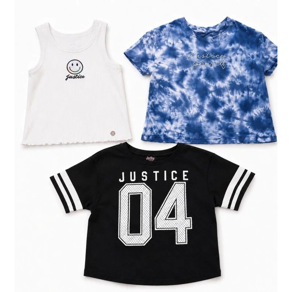 Justice Girls Size 7/8 3 Piece Top Bundle Tie Dye Smiley Tank Varsity Tee